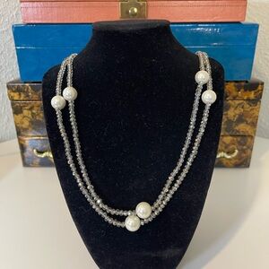 Faux Pearl and Grey Crystal Beaded Stretch Necklace